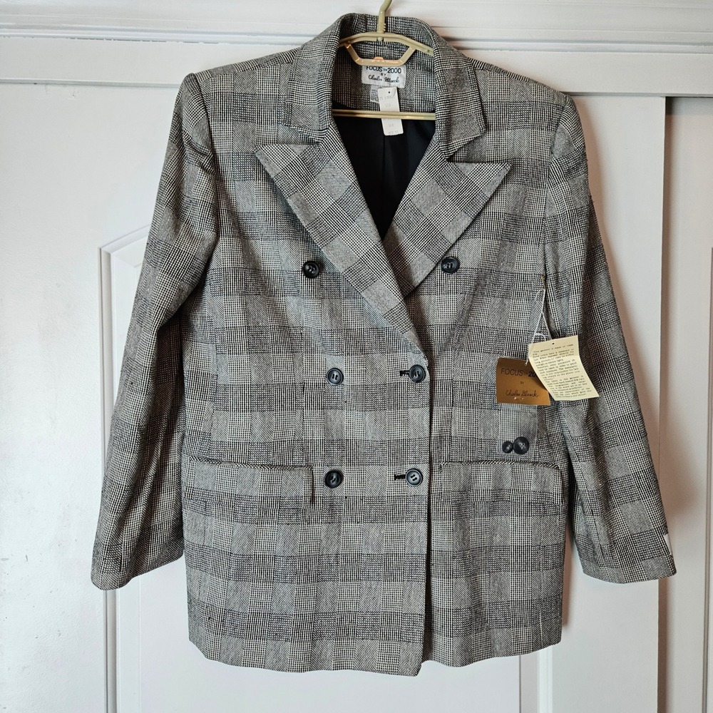 Vintage Double Breasted Blazer Womens 16 100% Silk Glen Plaid Jacket Peak Lapel